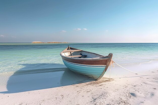 Küstenruhe Das verwitterte Boot liegt auf weißem Sand inmitten des azurblauen Meeres