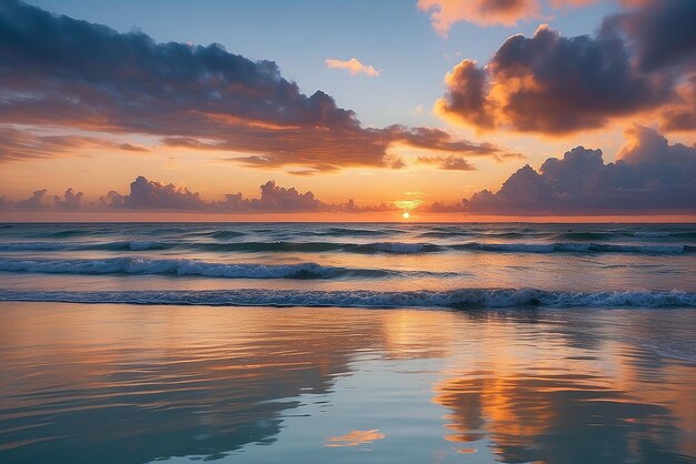 Küstenwolken beim Sonnenuntergang, die sich im ruhigen Meer reflektieren, aus zwei Bildern