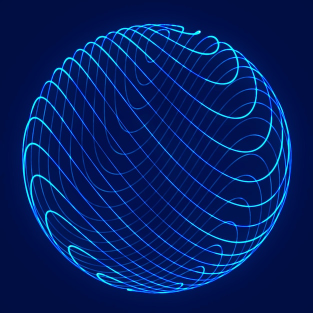 Kugel mit Twist-Linien Wireframe-Technologie blaue Kugel 3D-Rendering.