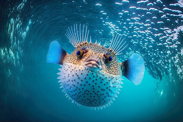 Kugelfisch mit ausgebreiteten Flossen schwimmt im hellblauen Wasser des Meeres