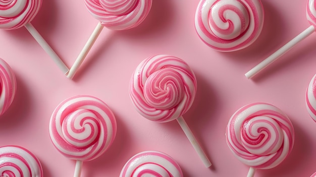 Kugelförmige rosa Lollipops in einer nahtlosen Komposition über einem rosa Setting schönes Bild für süße Liebhaber und Raum Generative KI