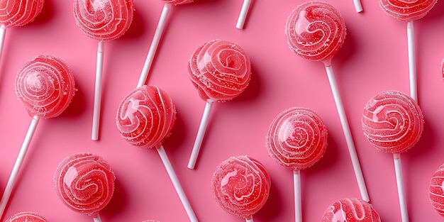 Kugelförmige rosa Lollipops in einer nahtlosen Komposition über einem rosa Setting schönes Bild für süße Liebhaber und Raum Generative KI