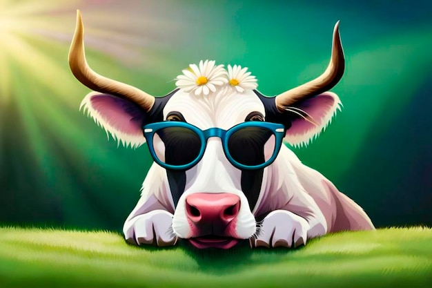 Kuh mit Brille und Gänseblume auf grünem Gras Vektor-Illustration
