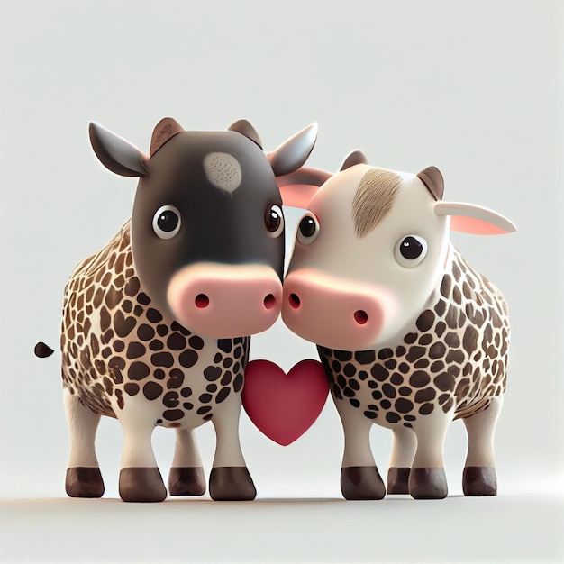 Kuh- und Stierpaar in Liebe mit Herz-Valentinstag-Karte 3D-Darstellung