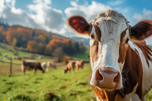 Kuh weidet auf dem Feld und isst grünes Gras auf der Weide