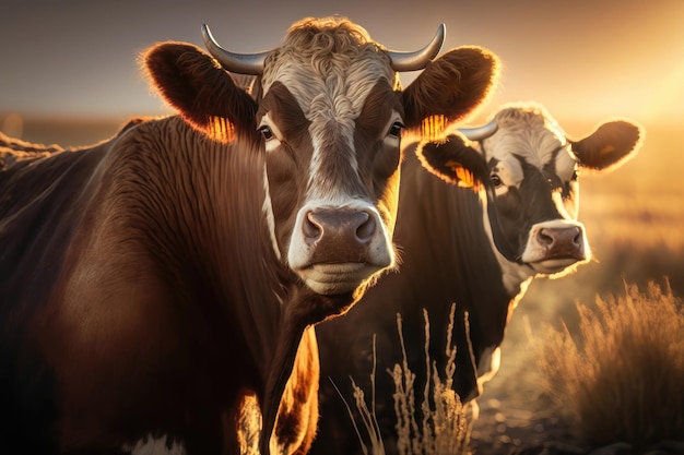 Kuhherde auf einer Wiese im Sommer bei Sonnenuntergang Eine Kuh schaut in die Kamera Sonnenstrahlen KI-Generation