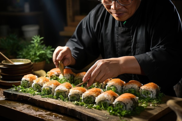 Kulinarische Kunst, frisches und farbenfrohes Sushi, generativ IA