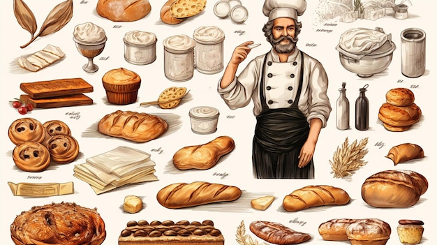 Foto kulinarischer chefkoch, koch, bäcker in schürze, beutel mit mehl oder korb mit eingravierter hand