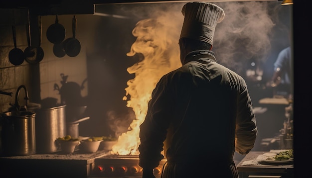 Kulinarisches Know-how zum Thema Flammen und Rauch Chefkoch in einer großen Restaurantküche Generative KI