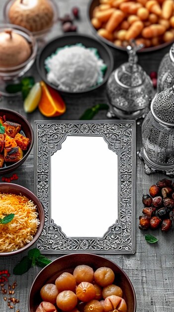 Kulturelle Feier arabisches Essen und weißer Rahmen schaffen ein festliches Ramadan-Ambiens Vertical Mobile