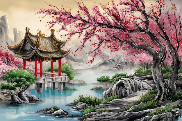 Kulturelle Schönheit Chinesische Landschaftsmalerei mit Kirschblütendruck