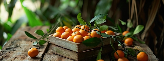 Foto kumquat en una caja sobre un fondo de madera naturaleza