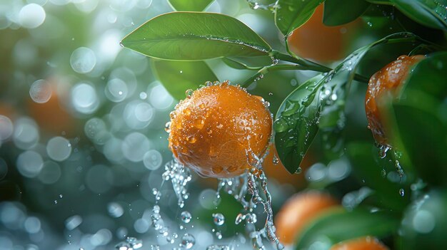 Kumquat flotando sobre el agua cristalina al lado de las hojas de palma lente ancha