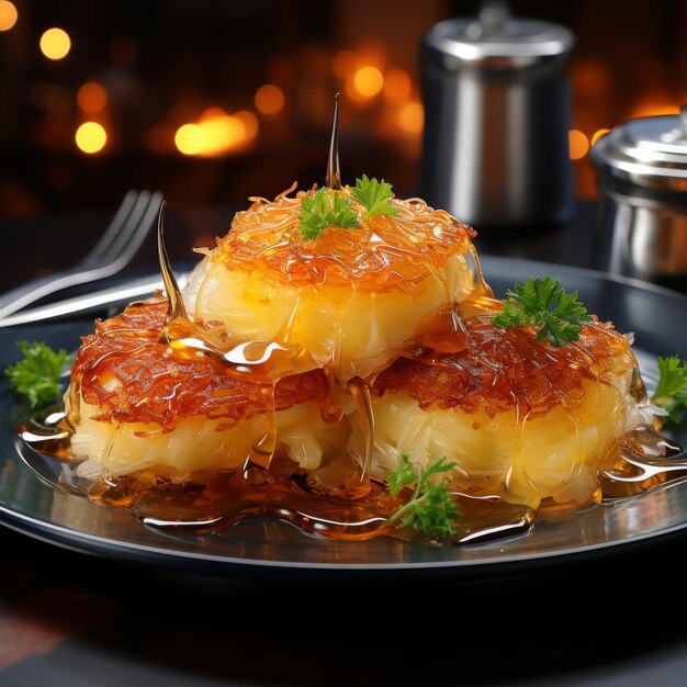 Kunafa Pastelería dulce hecha con queso de masa de phyllo triturado y jarabe libanés