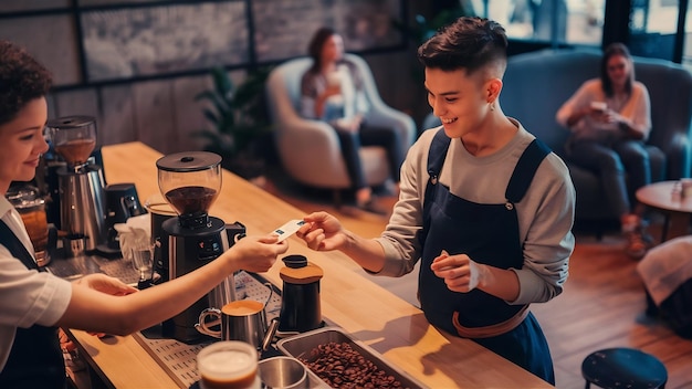 Foto kunde bezahlt mit karte in einem kaffeehaus