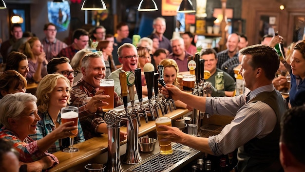 Foto kunden barkeeper und bier-kranen in der kneipe