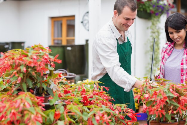 Kunden- und Gartenzentrumarbeitskraft, die Anlagen bespricht