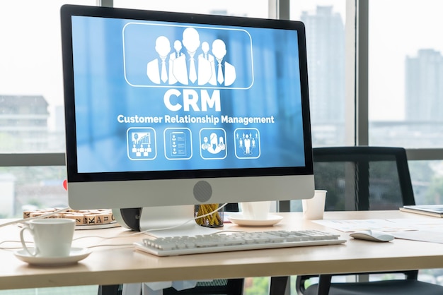 Foto kundenbeziehungsmanagementsystem auf modischem computer für crm-geschäft