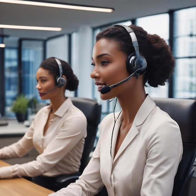 Kundendienstmitarbeiter mit Headsets mit hellem Bürohintergrund