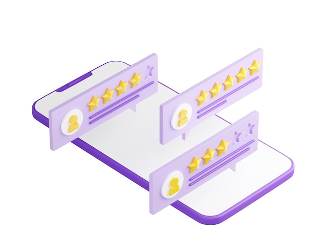 Kundenrezension 3D-Renderillustration lila Mobiltelefon mit Bewertung und Kommentar zur Sprechblase