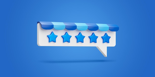 Kundenrezension Fünf-Sterne-Bewertung auf Shop 3D-Hintergrund mit bestem Feedback Shopping Online Business Service Qualität oder Erfolgsrate Erfahrungsblase Nachrichtensymbol und gute Bewertungszufriedenheit