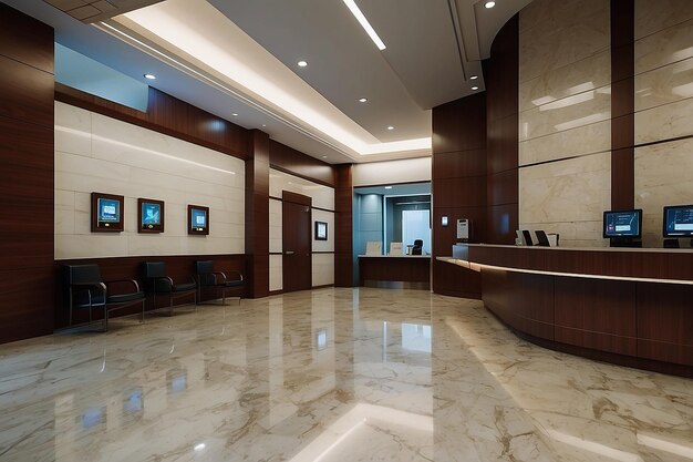Kundenstand mit digitaler Zähler in großer offener Bürofläche, realistische 3D-Rendering des Innenraums der Bank