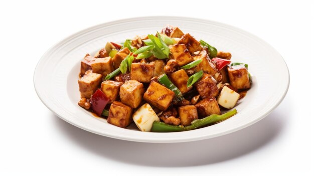 Kung Pao Tofu Opción vegetariana aislada sobre un fondo blanco