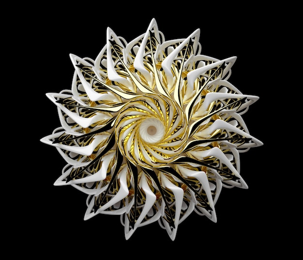 Foto kunst 3d mit abstraktem stern oder düsentriebwerk im gold und in weißem keramischem auf schwarzem