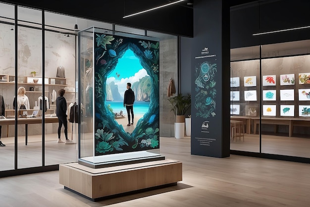 Foto kunst auf einem transparenten oled-fensterbildschirm in einem einzelhandelsraum mit interaktiven funktionen mockup