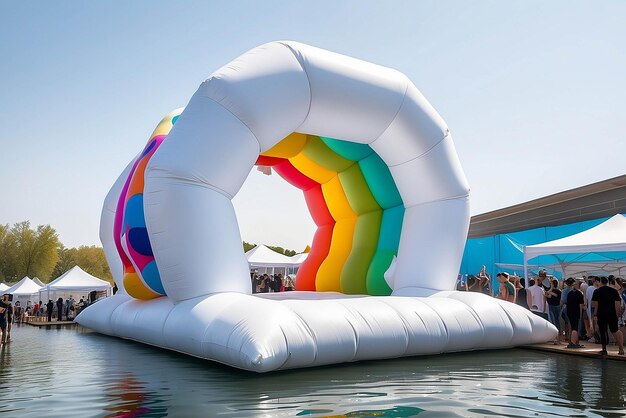 Kunst auf einer schwimmenden aufblasbaren Struktur in einem Tech-Festival-Mockup mit leerem weißem Leerraum für die Platzierung Ihres Designs