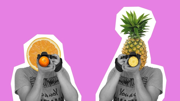Kunstcollage mit Fotograf und Orangen- und Ananasfrucht