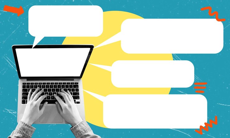 Foto kunstcollage moderne kunstcollague mit einem laptop mit nachrichtenblasen