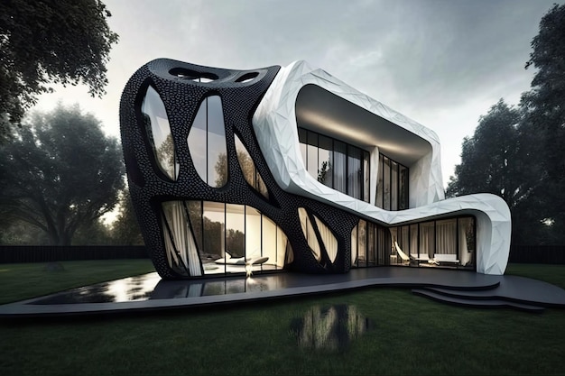 Kunstdesign in weißem, modernem Haus mit grünem Garten im Wald