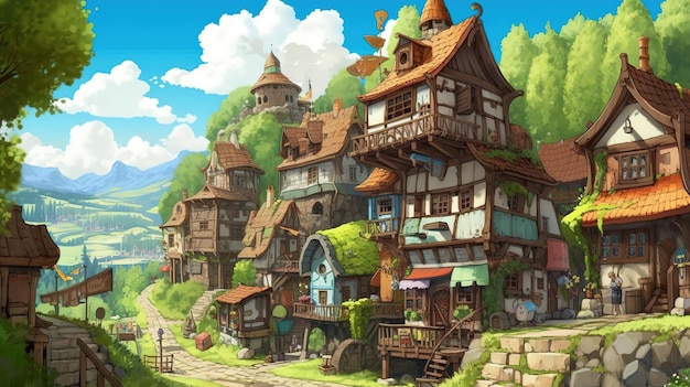 Kunstdorf im Ghibli-Stil mit Spielhintergrund und Häusern im einzigartigen Stil. Ruhiges und süßes Dorf