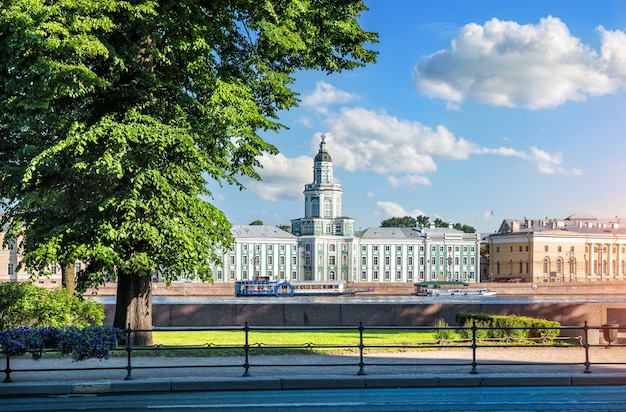 Kunstkammer nas margens do Neva em São Petersburgo e uma manhã nublada de verão