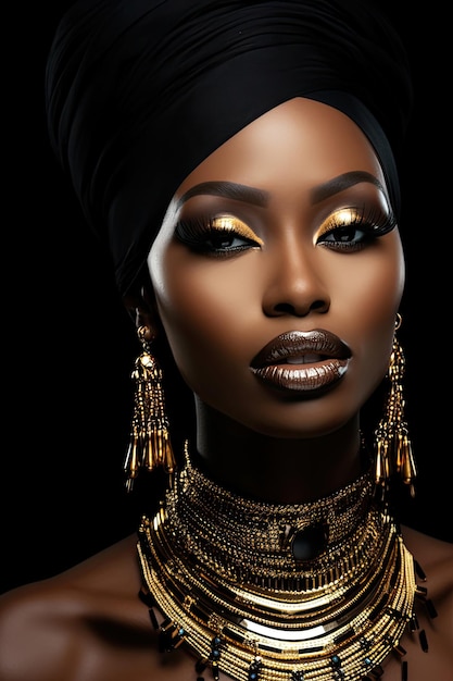 Kunstporträt, afrikanische Frau, Modemodell auf schwarzem Hintergrund, goldene Luxusaccessoires, Schmuck, Armband, Ohrringe, schönes Gesicht, sexy Mädchen, metallisch, golden, professionelles Make-up, glänzende Lippen, Haut