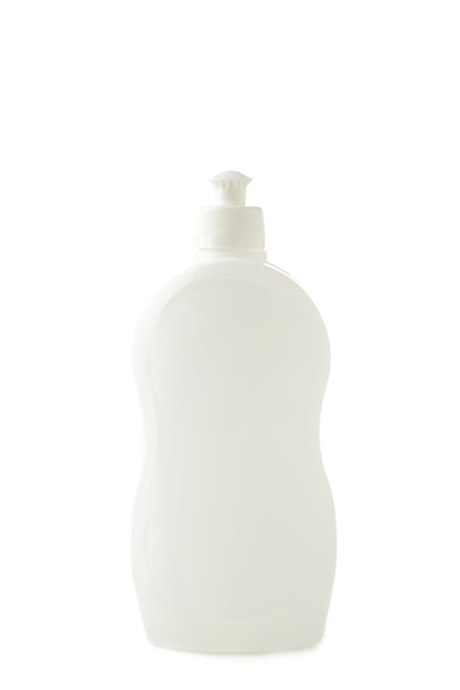 Kunststoffbehälter des Reinigungsprodukts über weißer Wand isoliert. Draufsicht