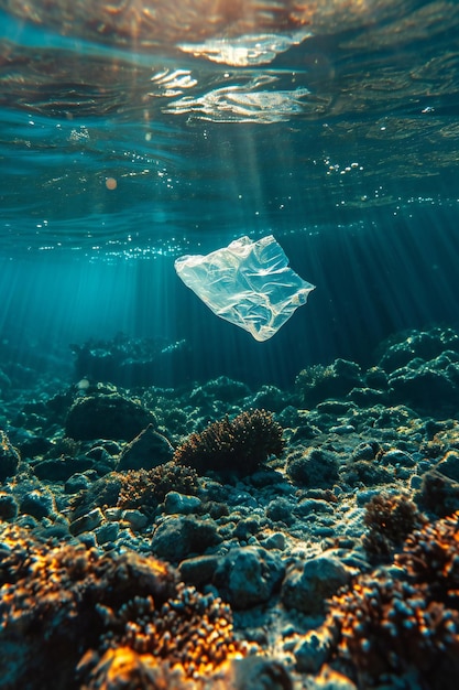 Kunststoffbeutel unter Wasser für das Konzept der Meeresverschmutzung