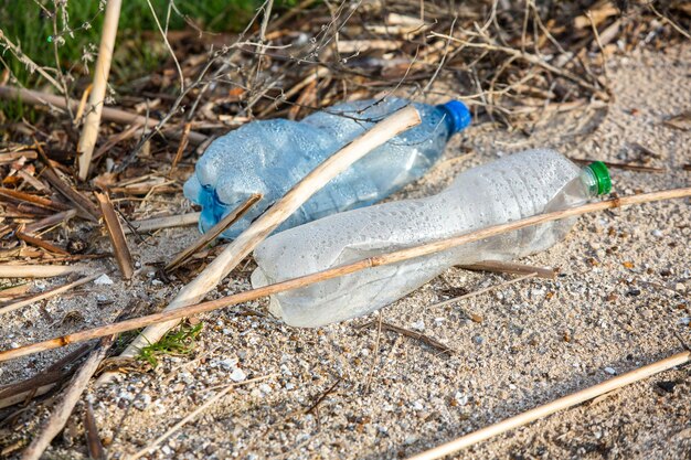 Foto kunststoffflasche am ufer des sees umweltverschmutzung kunststoffabfälle