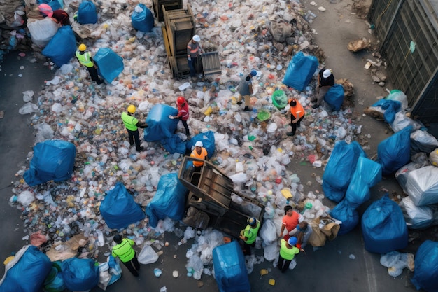 Kunststoffrecyclinganlage in Aktion, während Arbeiter geschickt mit Kunststoffabfällen umgehen