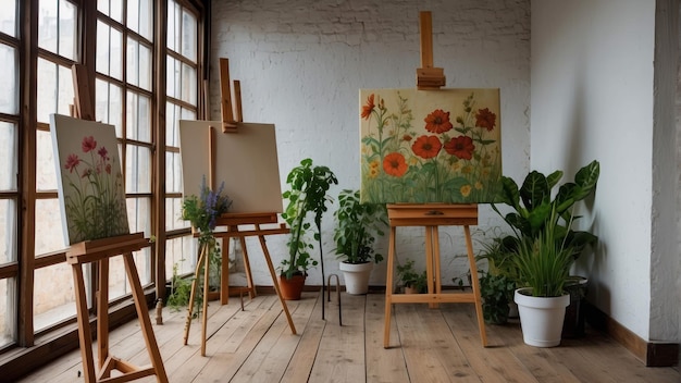 Kunststudio mit Staffeln und Blumenmalereien