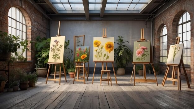 Kunststudio mit Staffeln und Blumenmalereien