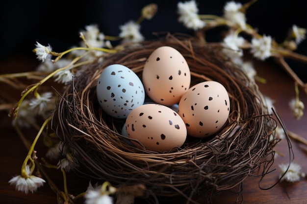 Kunstvoll arrangierte Eier in einem Nest auf einer rustikalen Tischplatte