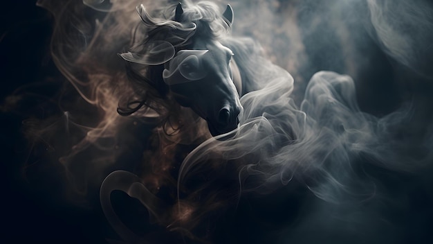 Kunstvoll beleuchteter Pferdekopf mit Rauch und Dämpfen auf schwarzem Hintergrund. Neuronales Netzwerk generiert