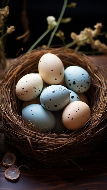 Kunstvoll in einem Nest arrangierte Eier zieren ein rustikales Tischdisplay, Vertical Mobile Wallpap