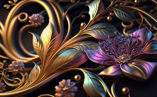Kunstvolles Muster und abstrakte Blumen und Ranken in Gold und schillernd