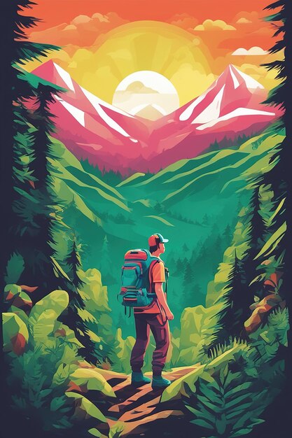 Kunstwerk des T-Shirt-Grafikdesigns, flaches Design eines Wanderers in den üppigen Waldbergen