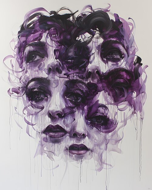 Kunstwerk mit dem Gesicht einer Frau mit leuchtend lila Haaren