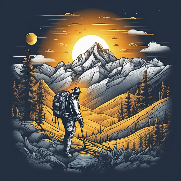 Kunstwerk von T-Shirt Grafikdesign flaches Design eines Trekkers in den üppigen Wäldern der Berge farbenfroh