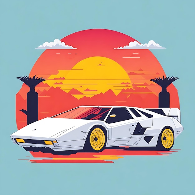 Kunstwerk von T-Shirt Grafikdesign flaches Design von einem retro Ferrari weiß Miami farbenfrohe Farbtöne